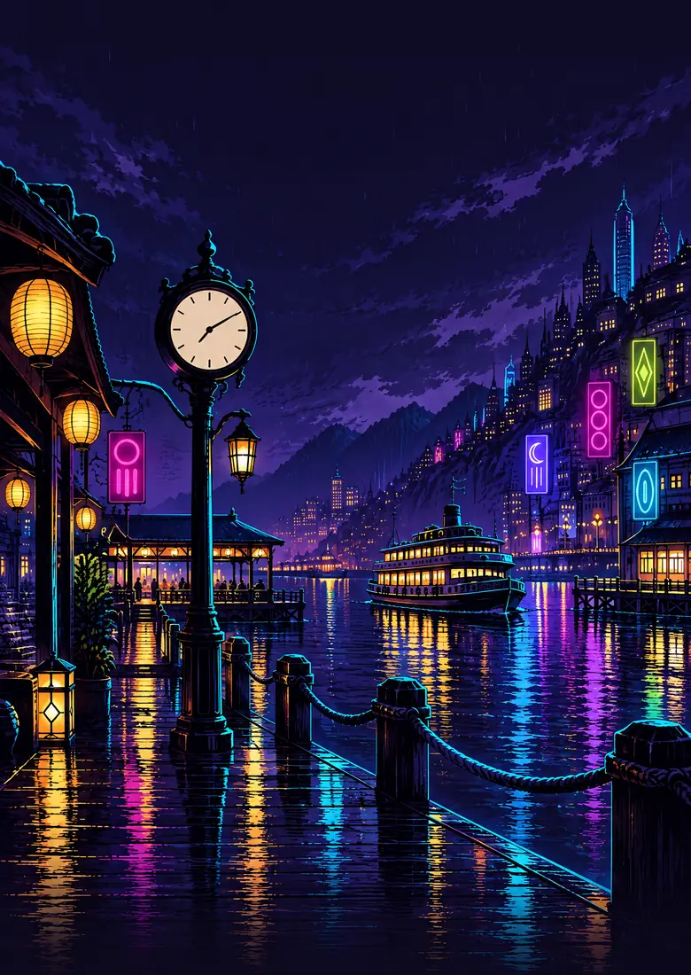 Lanterns above the wet streets of Lantern Pier in Noctavia
